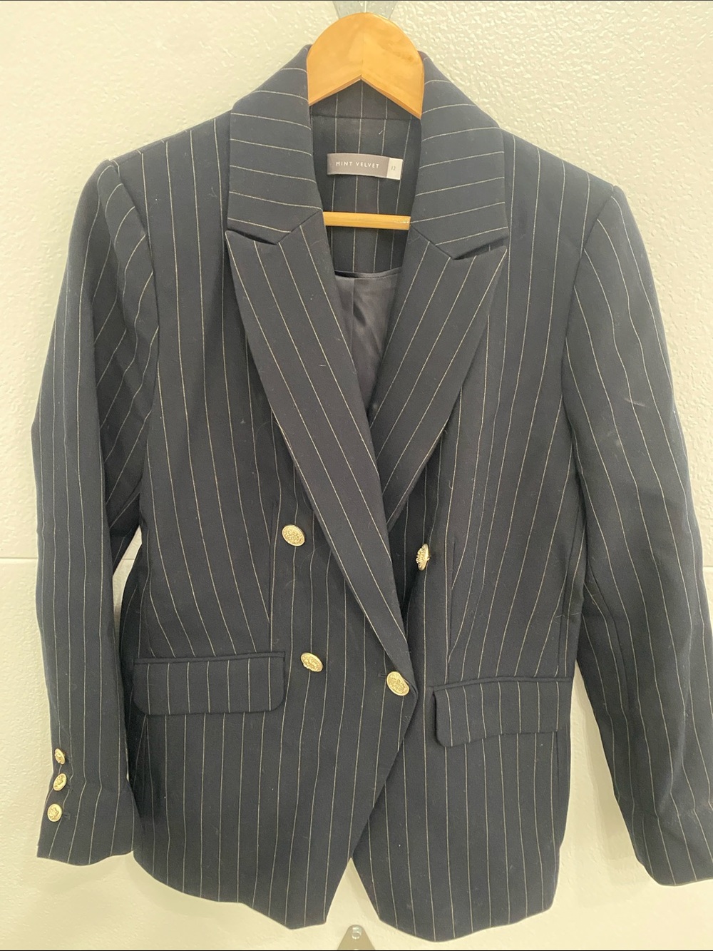 Mint Velvet Navy Pinstripe Double-Breasted Blazer - 8 (uk12)
